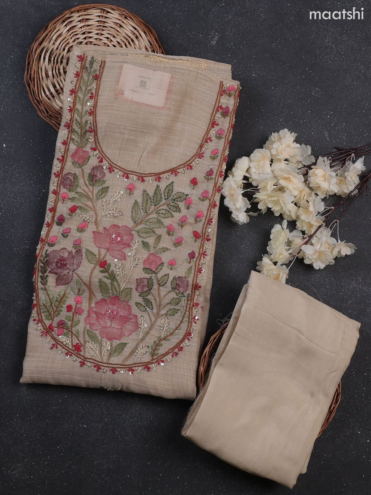 Cream Tissue Dress Material With Kantha Stitch Work Neck Pattern