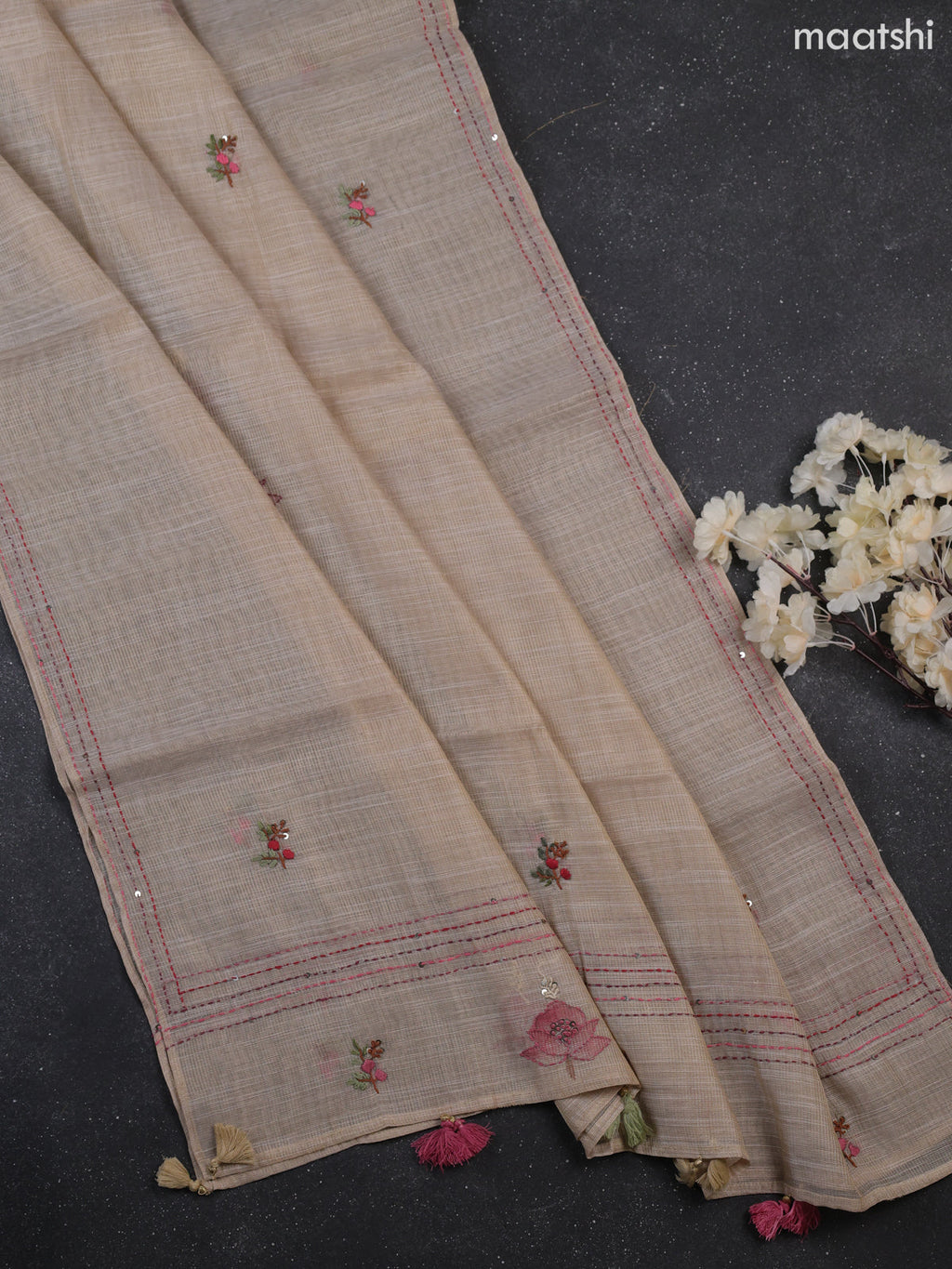 Cream Tissue Dress Material With Kantha Stitch Work Neck Pattern