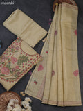 Sandal Tissue Dress Material With Kantha Stitch Work Neck Pattern