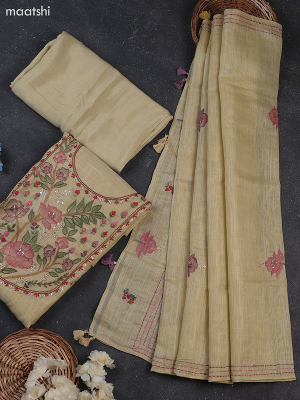Sandal Tissue Dress Material With Kantha Stitch Work Neck Pattern