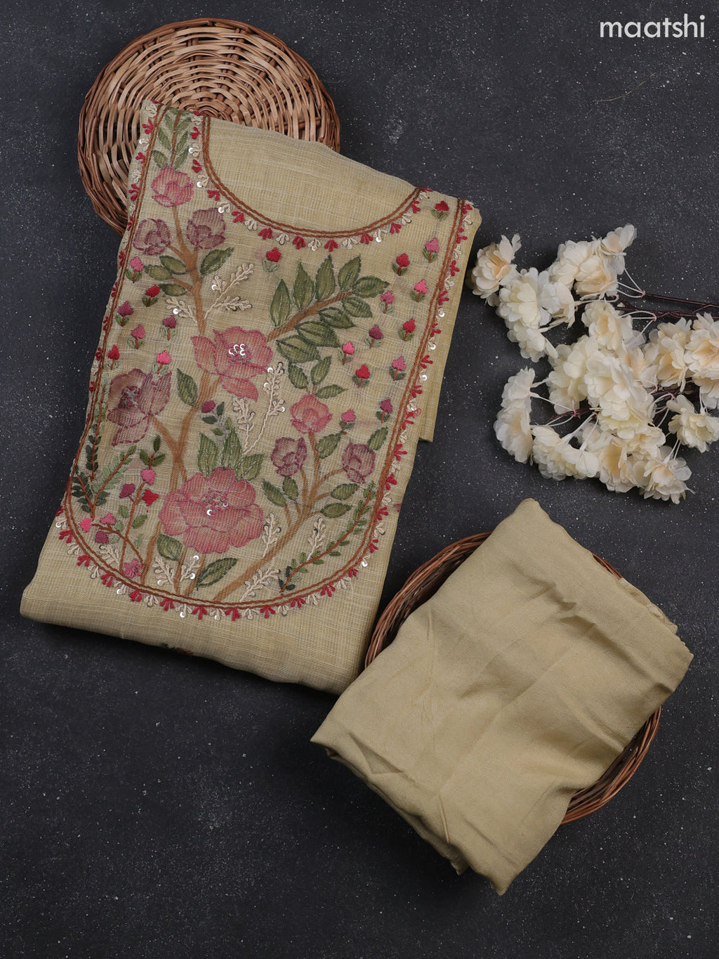 Sandal Tissue Dress Material With Kantha Stitch Work Neck Pattern