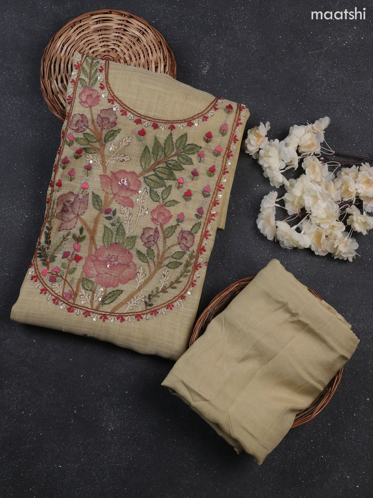 Sandal Tissue Dress Material With Kantha Stitch Work Neck Pattern