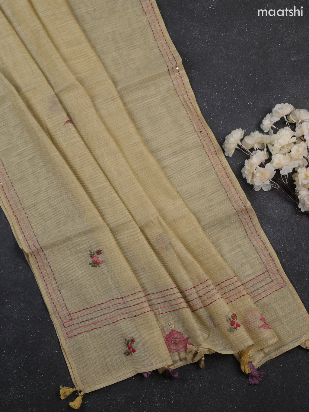 Sandal Tissue Dress Material With Kantha Stitch Work Neck Pattern