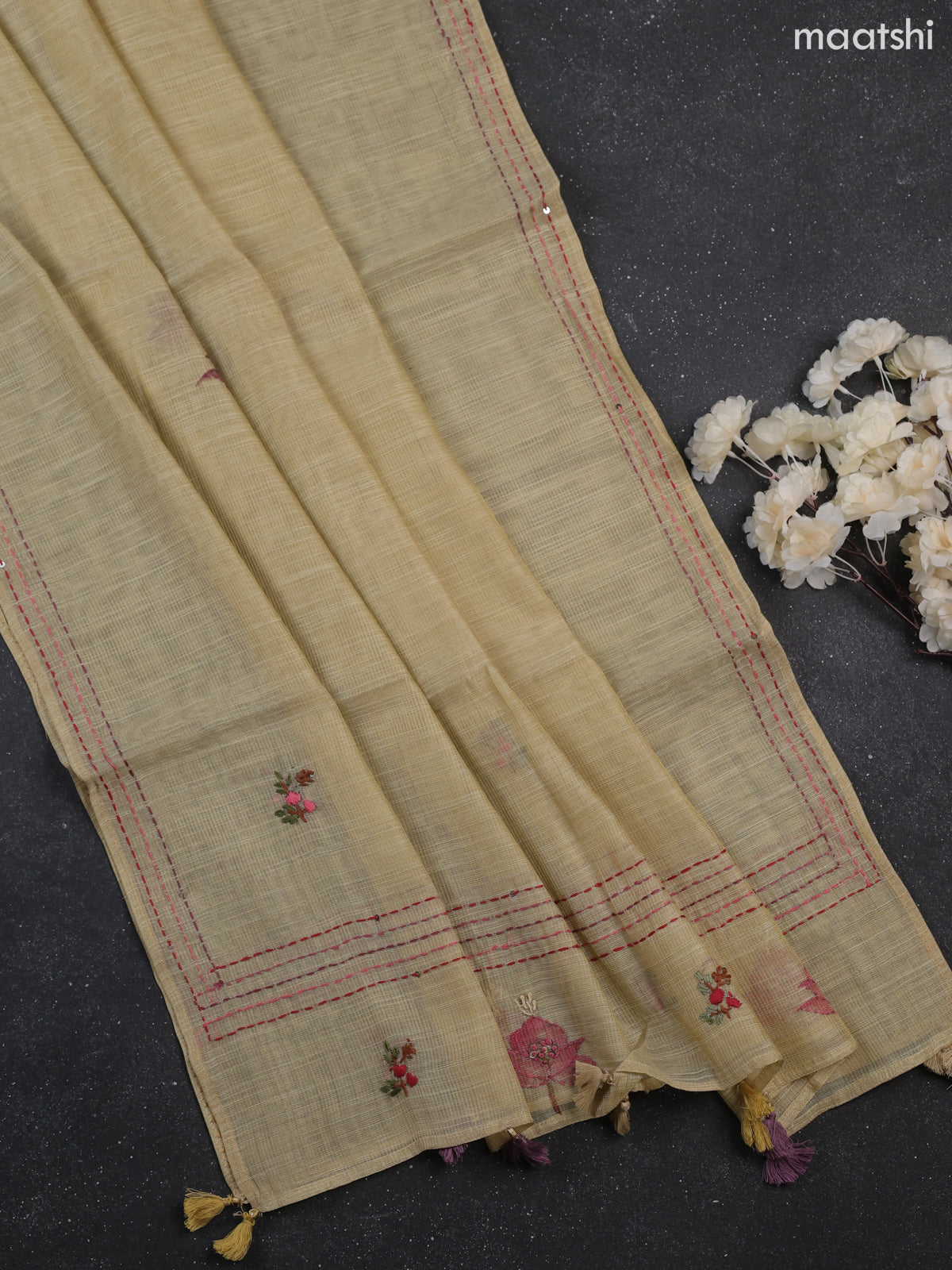 Sandal Tissue Dress Material With Kantha Stitch Work Neck Pattern