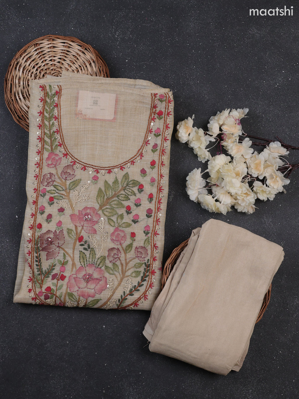 Cream Tissue Dress Material With Kantha Stitch Work Neck Pattern
