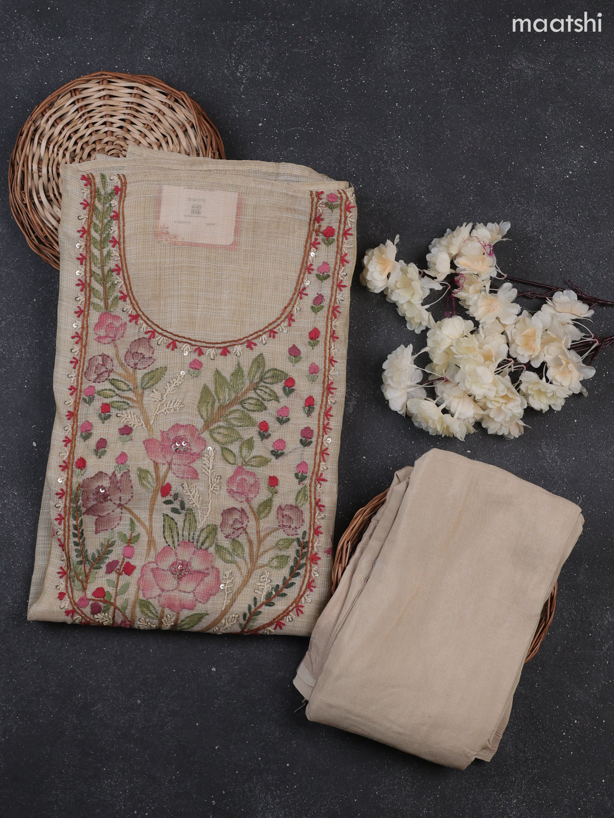 Cream Tissue Dress Material With Kantha Stitch Work Neck Pattern