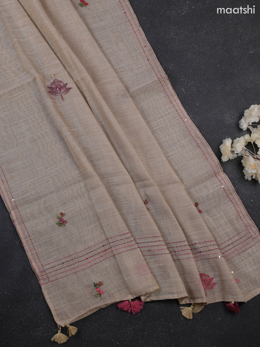 Cream Tissue Dress Material With Kantha Stitch Work Neck Pattern