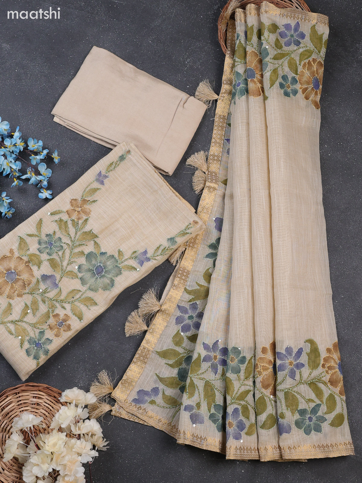 Cream Tissue Dress Material With Kantha Stitch Work Neck Pattern