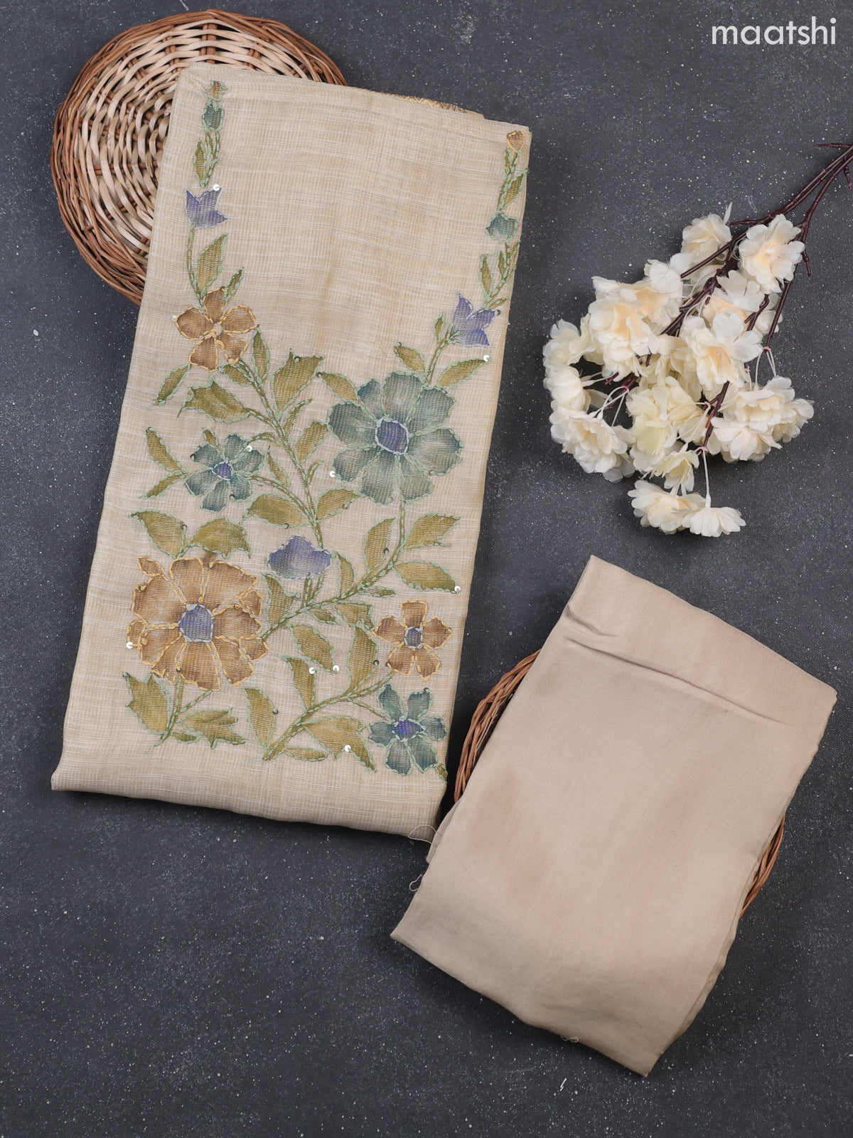 Cream Tissue Dress Material With Kantha Stitch Work Neck Pattern