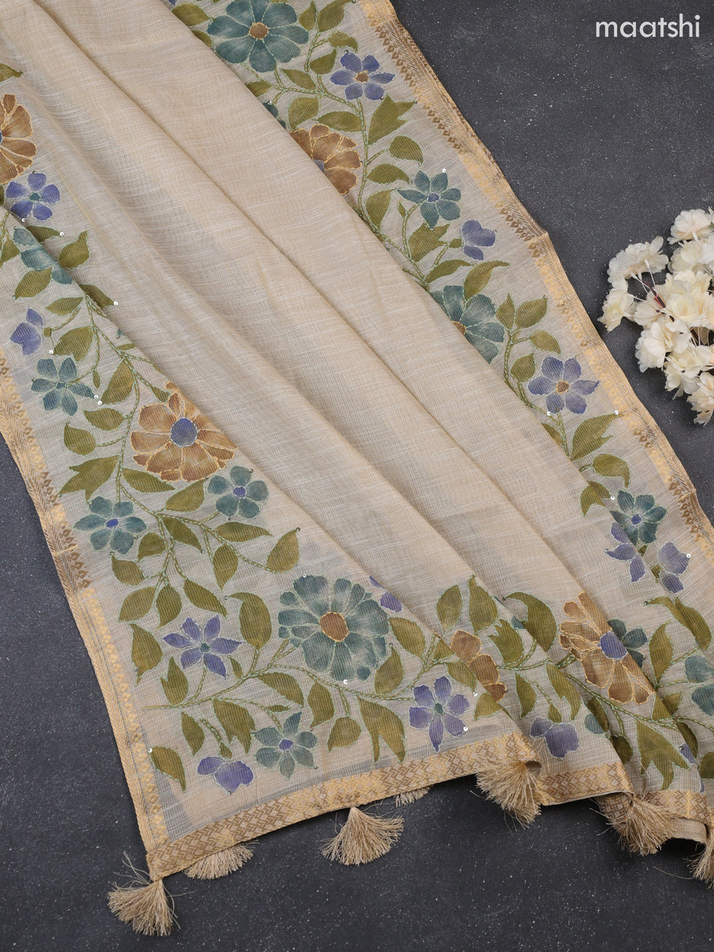 Cream Tissue Dress Material With Kantha Stitch Work Neck Pattern