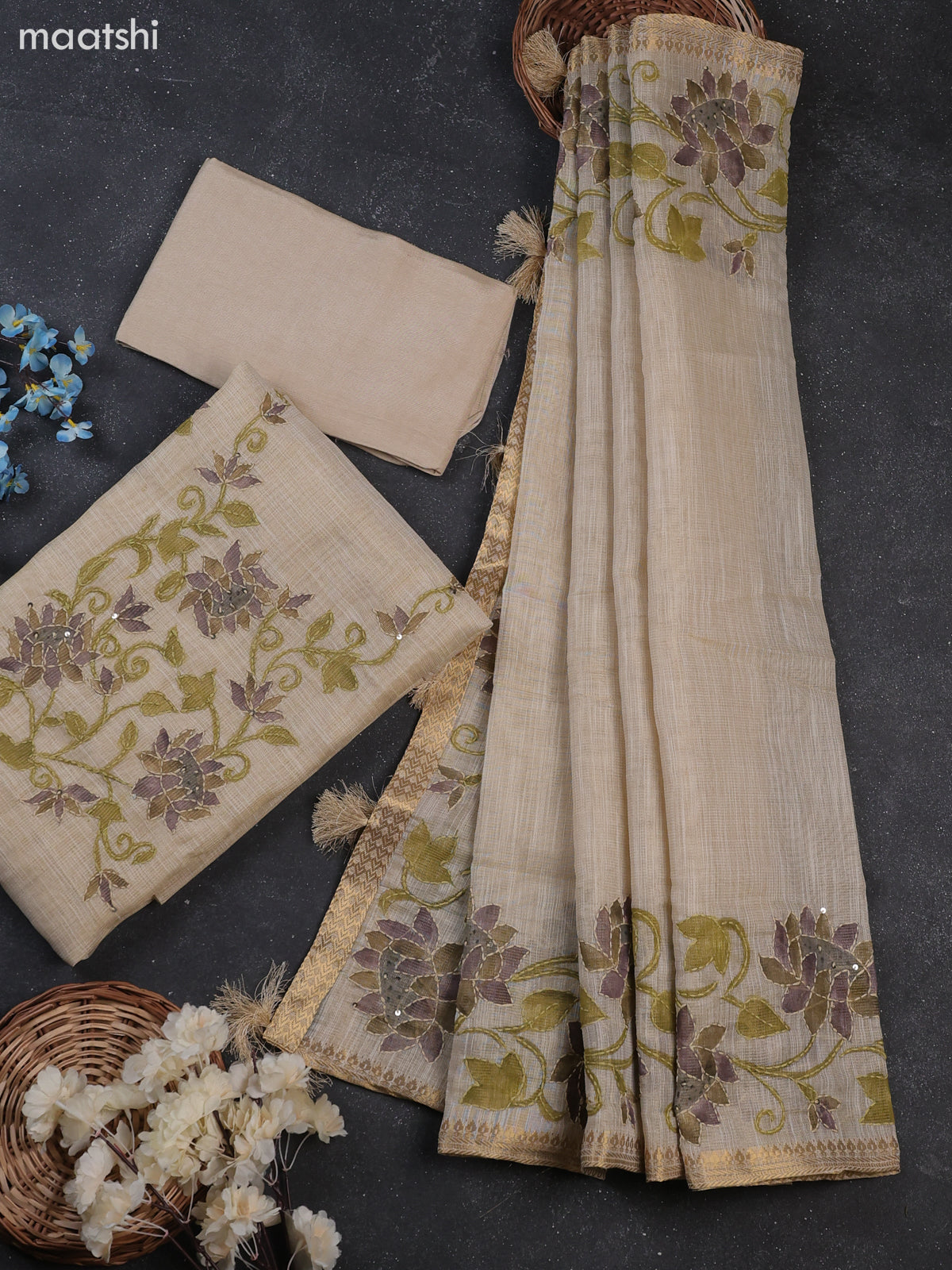 Cream Tissue Dress Material With Kantha Stitch Work Neck Pattern
