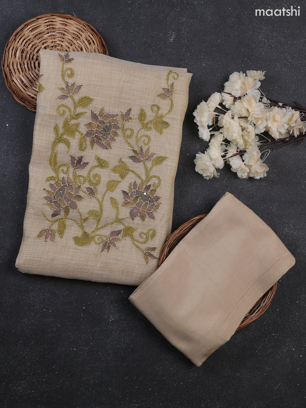Cream Tissue Dress Material With Kantha Stitch Work Neck Pattern