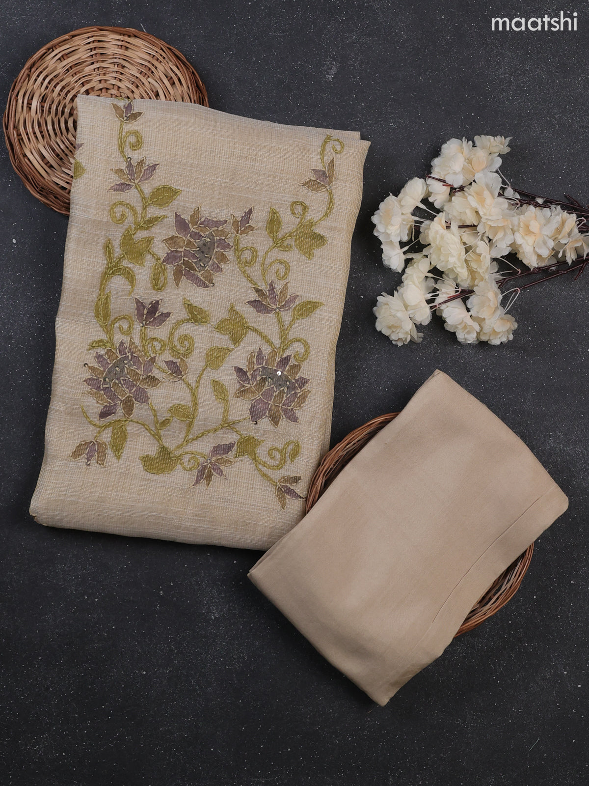 Cream Tissue Dress Material With Kantha Stitch Work Neck Pattern
