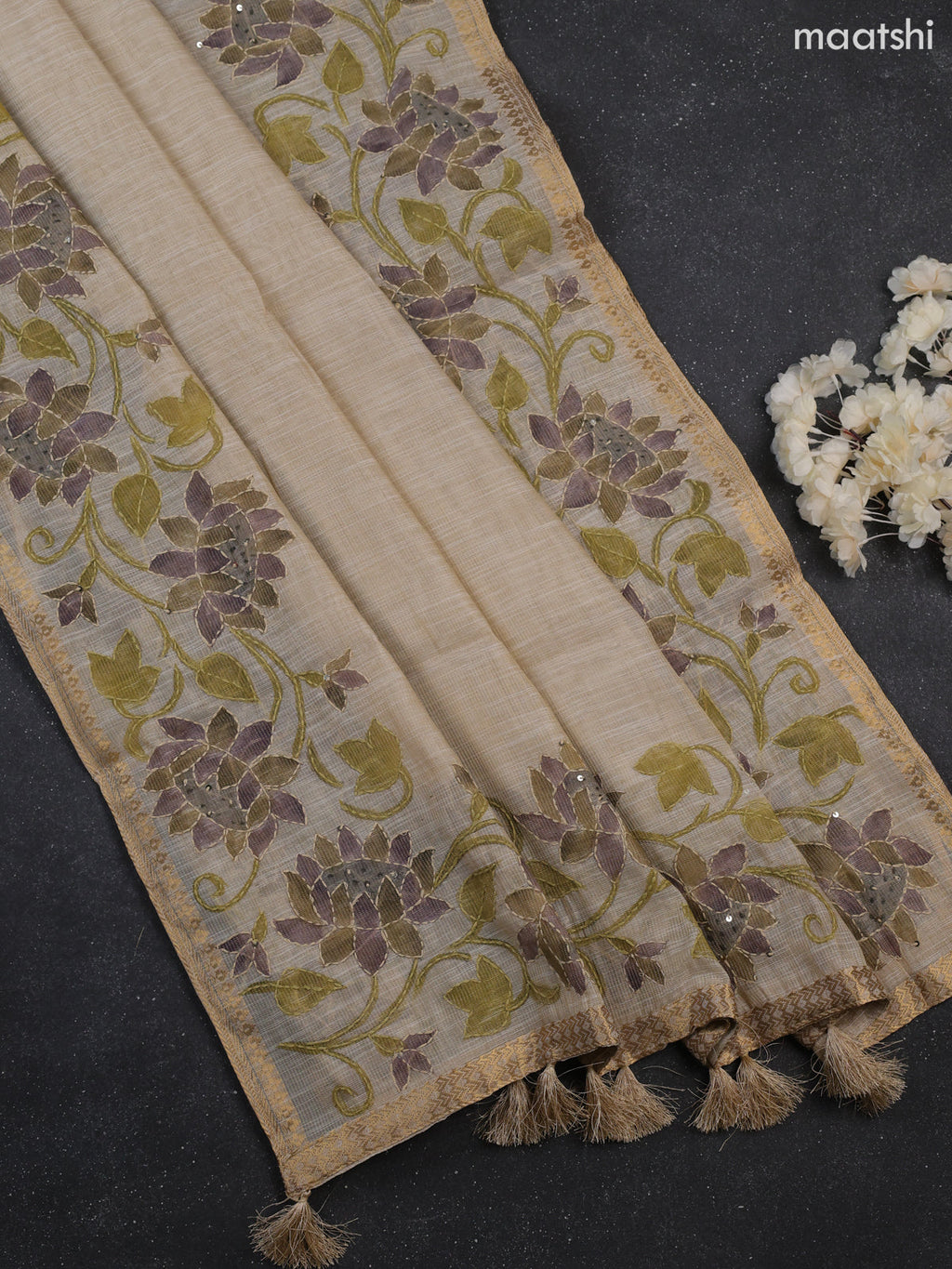 Cream Tissue Dress Material With Kantha Stitch Work Neck Pattern