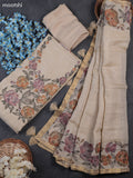 Cream Tissue Dress Material With Kantha Stitch Work Neck Pattern