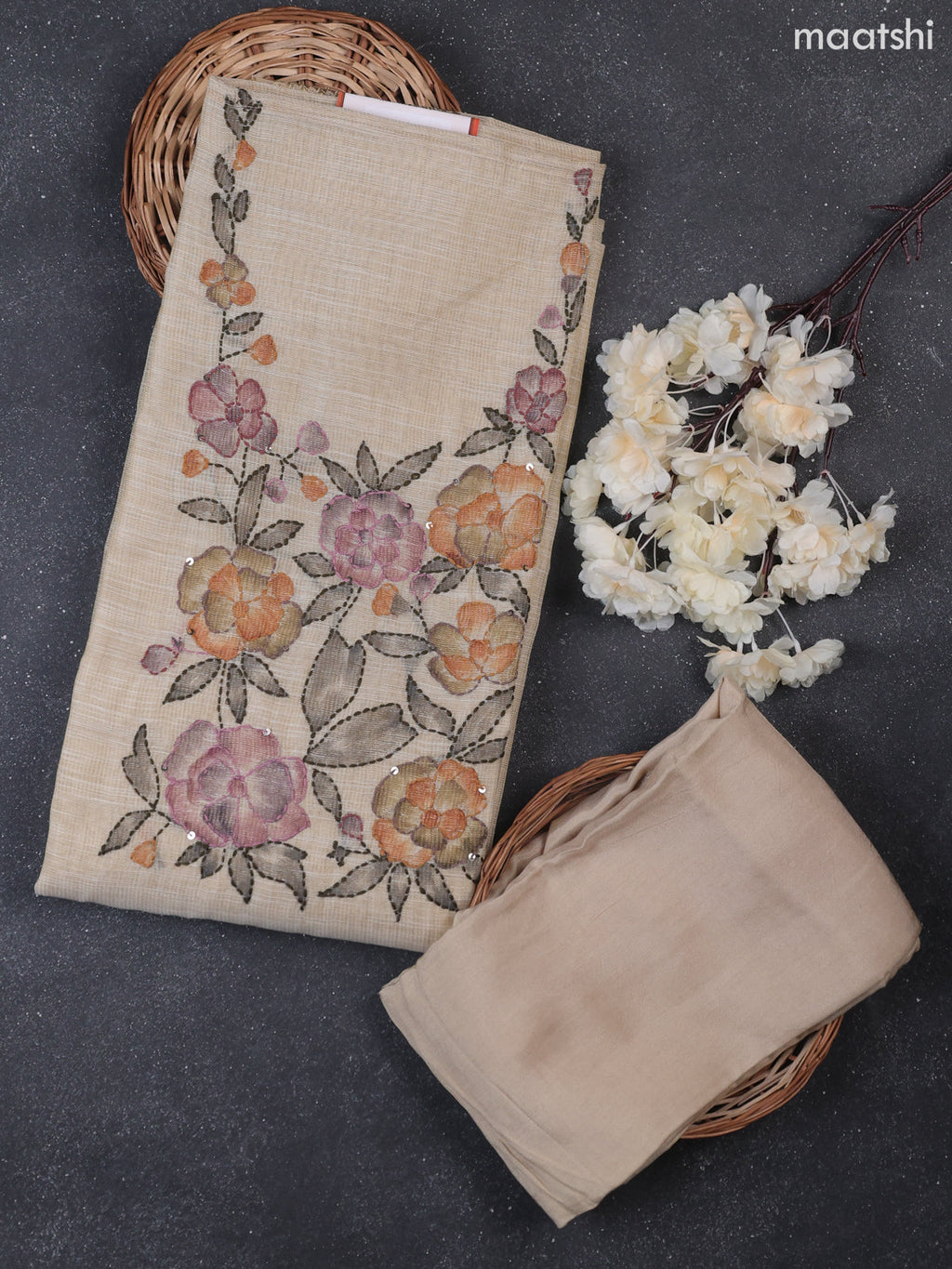 Cream Tissue Dress Material With Kantha Stitch Work Neck Pattern