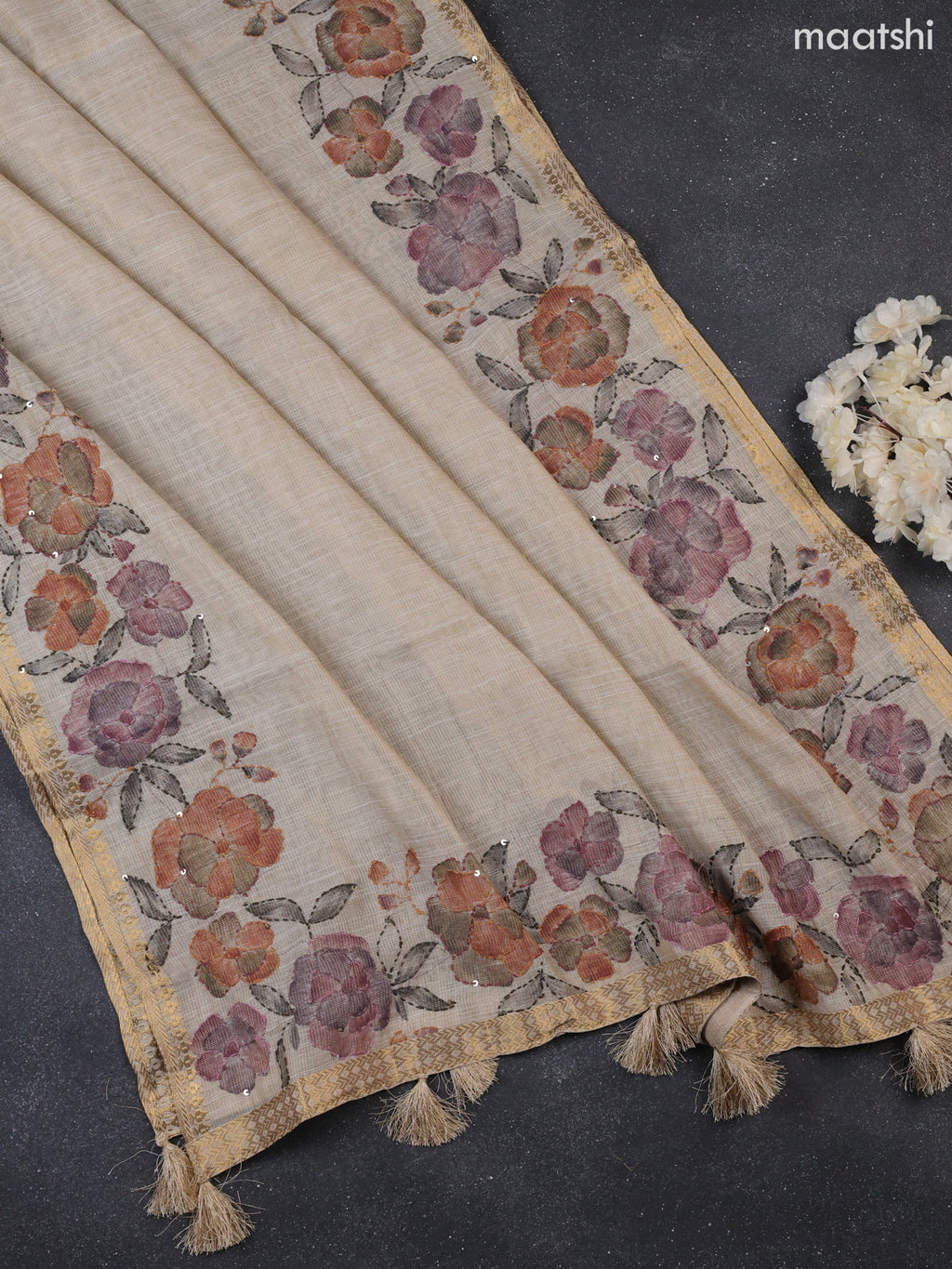 Cream Tissue Dress Material With Kantha Stitch Work Neck Pattern
