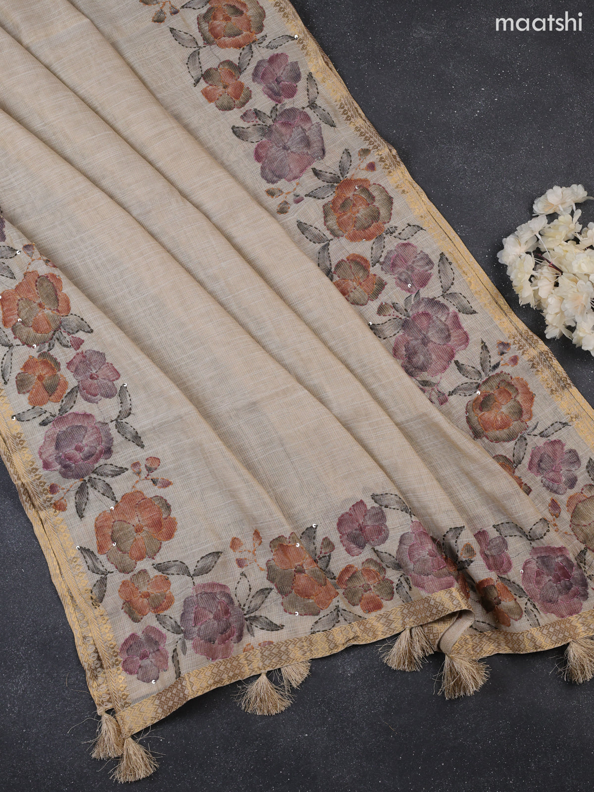 Cream Tissue Dress Material With Kantha Stitch Work Neck Pattern