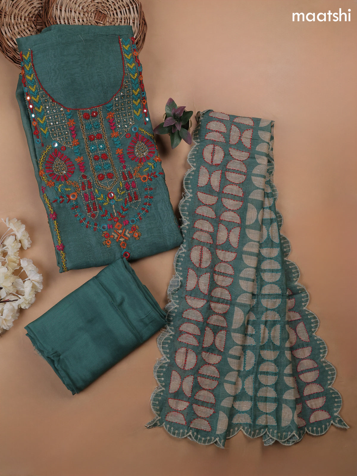 Peacock Green Munga Cotton Dress Material With French Knot & Embroidery Work Neck Pattern