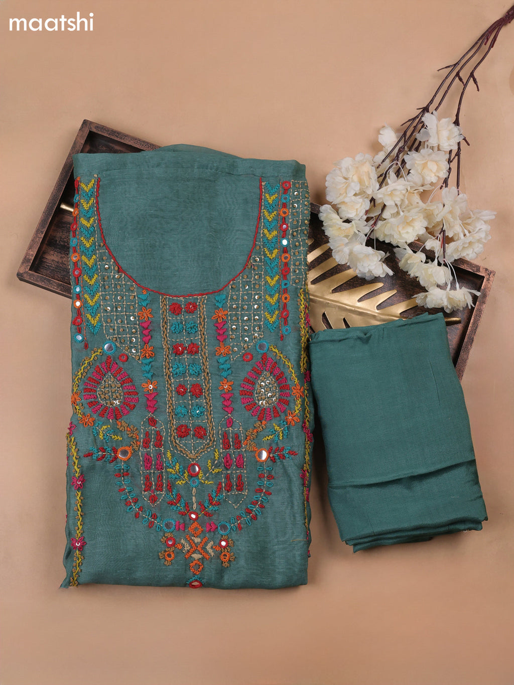 Peacock Green Munga Cotton Dress Material With French Knot & Embroidery Work Neck Pattern
