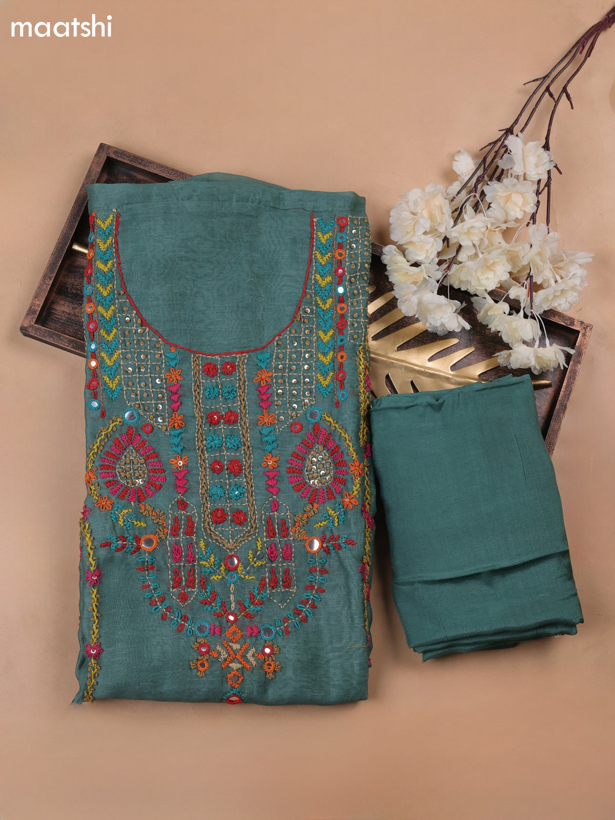 Peacock Green Munga Cotton Dress Material With French Knot & Embroidery Work Neck Pattern