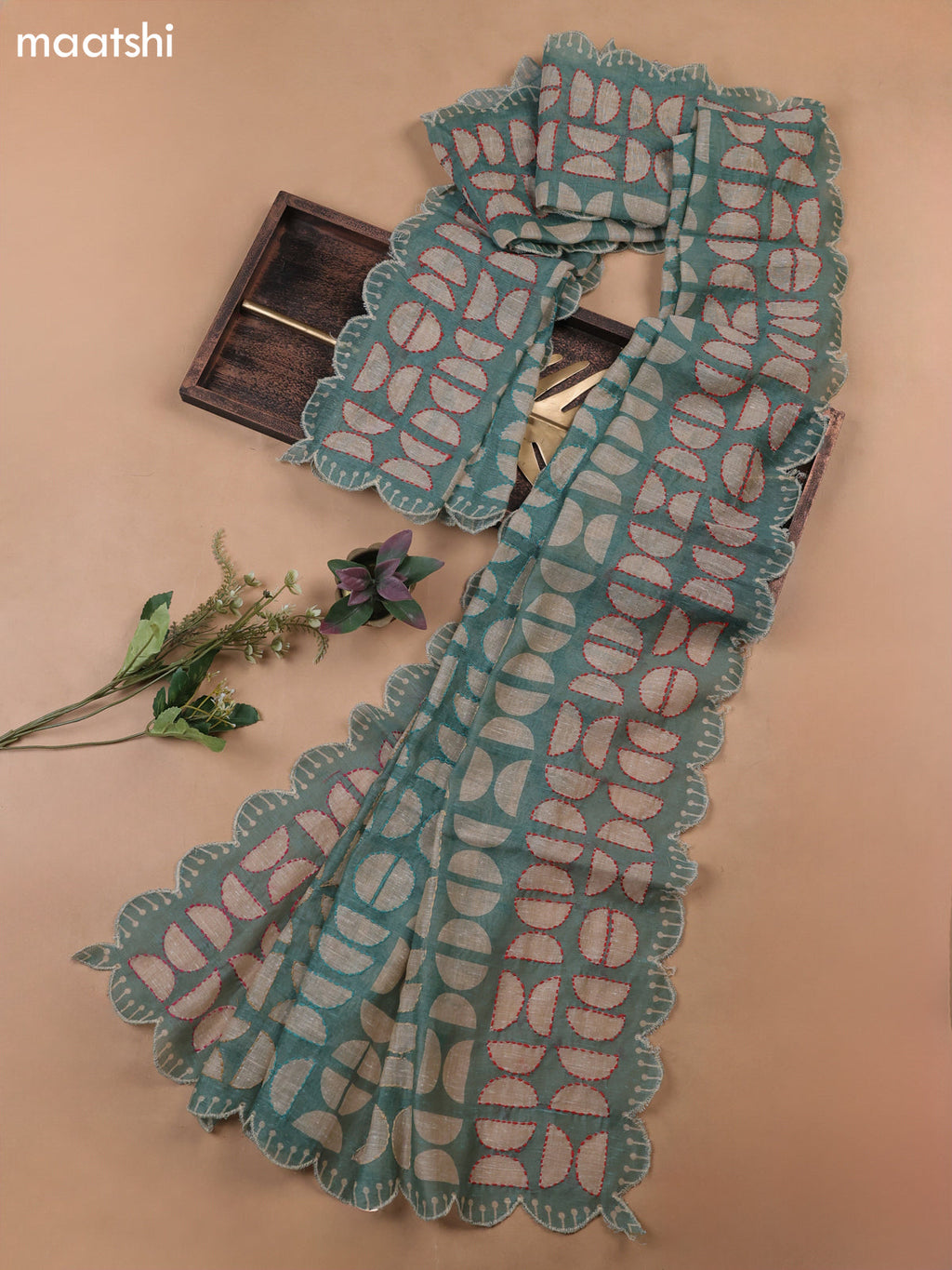 Peacock Green Munga Cotton Dress Material With French Knot & Embroidery Work Neck Pattern