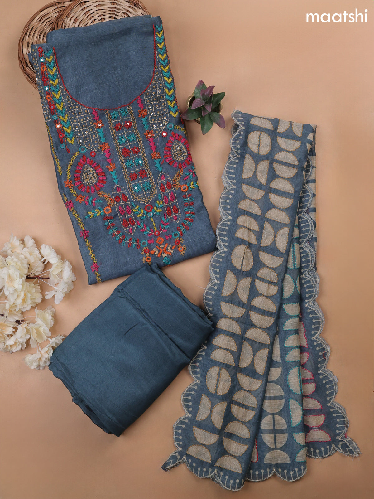 Peacock Blue Munga Cotton Dress Material With French Knot & Embroidery Work Neck Pattern