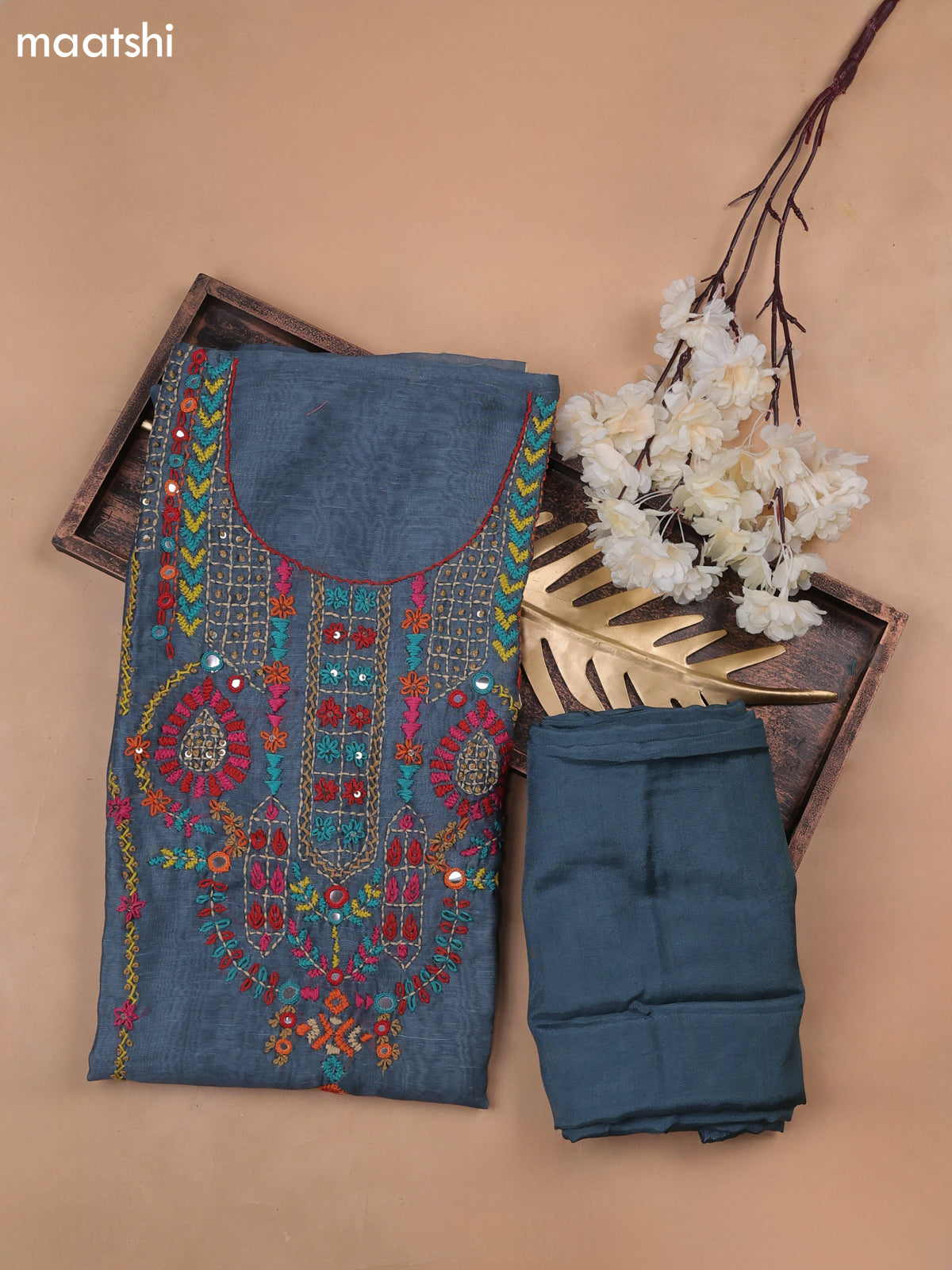 Peacock Blue Munga Cotton Dress Material With French Knot & Embroidery Work Neck Pattern