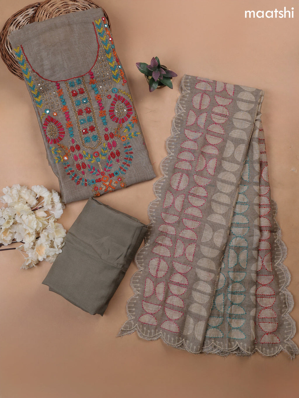 Drak Beige Munga Cotton Dress Material With French Knot & Embroidery Work Neck Pattern
