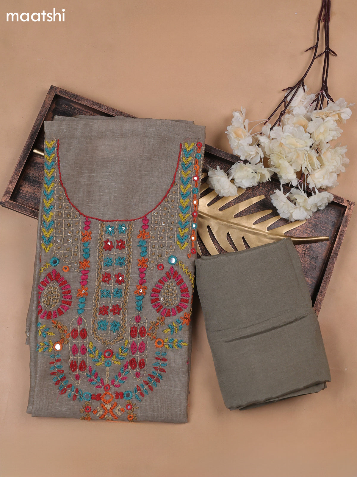 Drak Beige Munga Cotton Dress Material With French Knot & Embroidery Work Neck Pattern