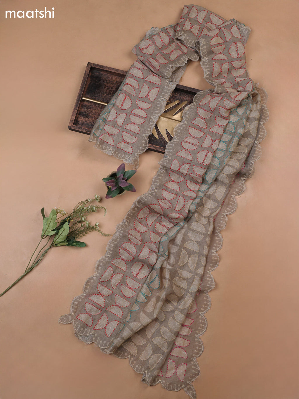 Drak Beige Munga Cotton Dress Material With French Knot & Embroidery Work Neck Pattern