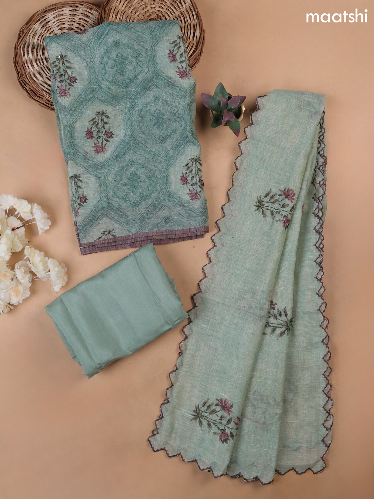 Pastel Green Munga Cotton Dress Material With Allover Prints & Kantha Stitch Work Pattern