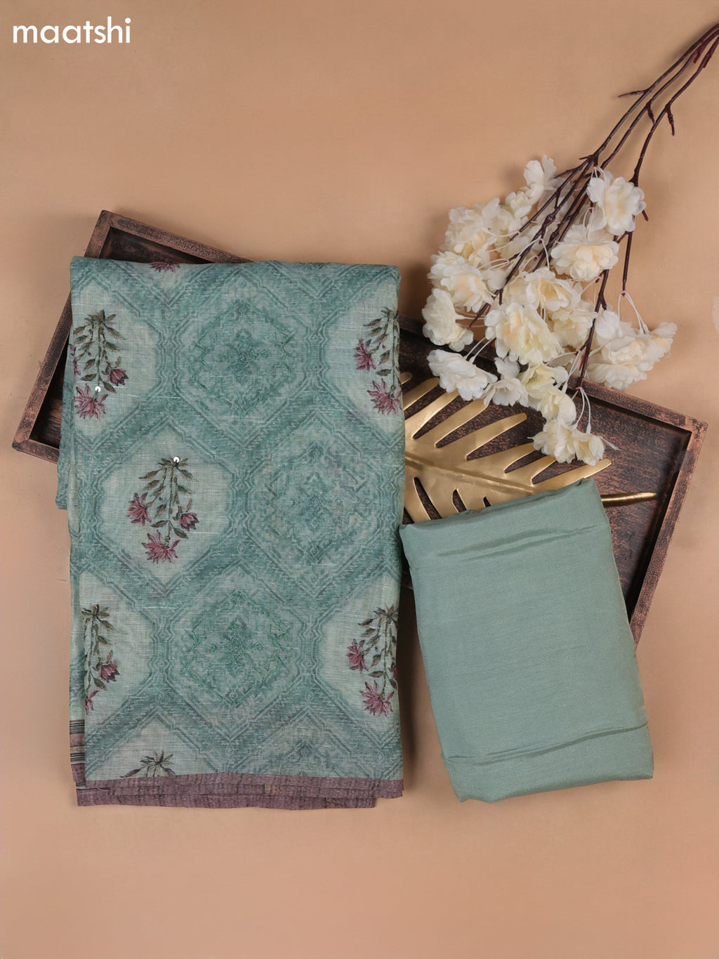 Pastel Green Munga Cotton Dress Material With Allover Prints & Kantha Stitch Work Pattern