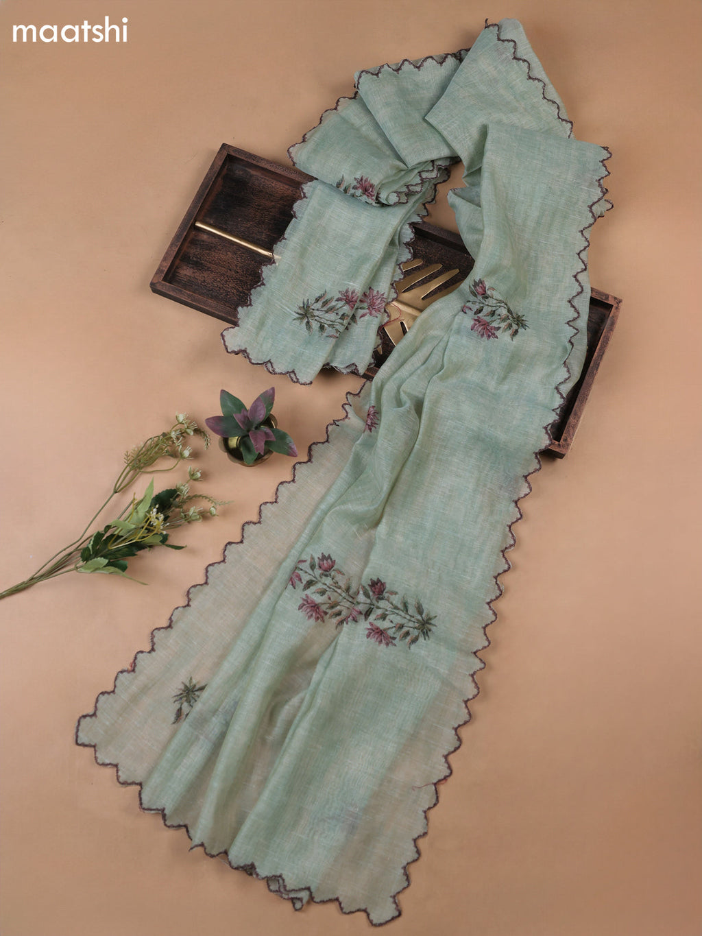 Pastel Green Munga Cotton Dress Material With Allover Prints & Kantha Stitch Work Pattern