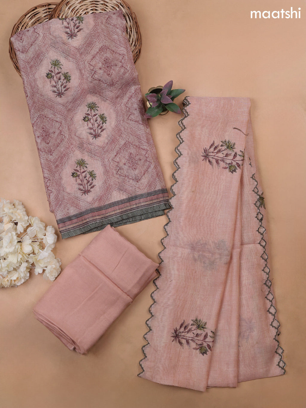 Peach Munga Cotton Dress Material With Allover Prints & Kantha Stitch Work Pattern