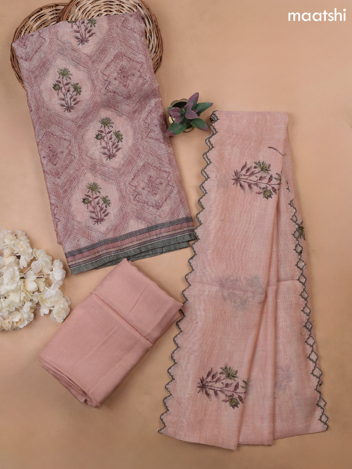 Peach Munga Cotton Dress Material With Allover Prints & Kantha Stitch Work Pattern