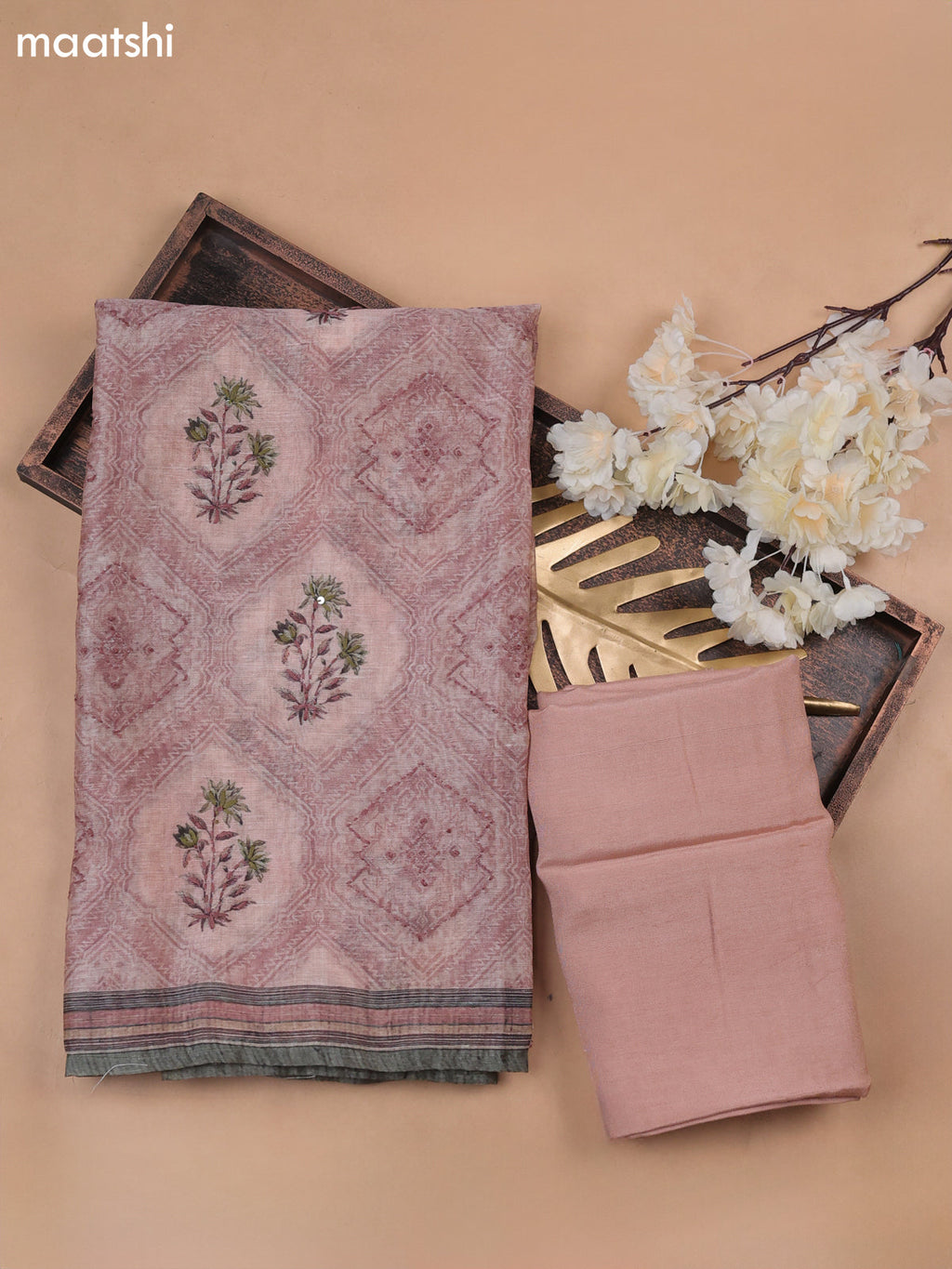Peach Munga Cotton Dress Material With Allover Prints & Kantha Stitch Work Pattern