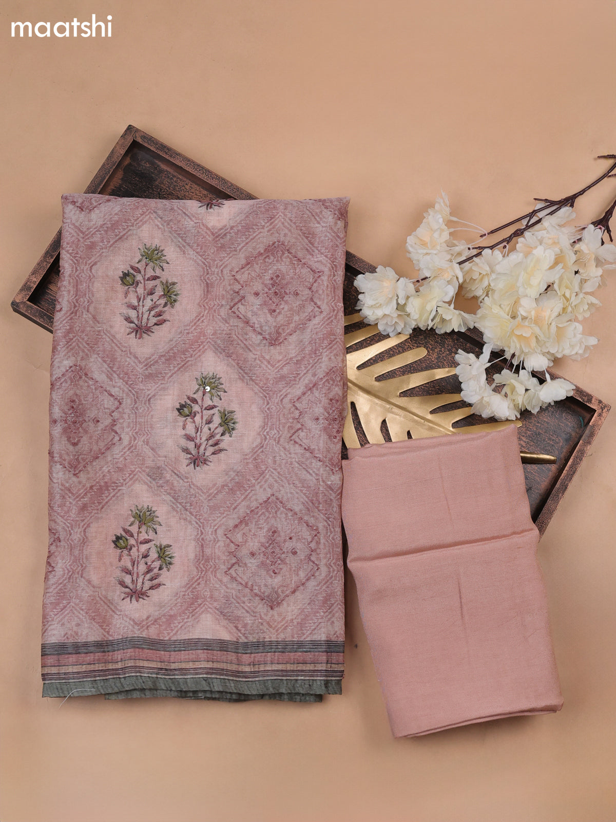 Peach Munga Cotton Dress Material With Allover Prints & Kantha Stitch Work Pattern