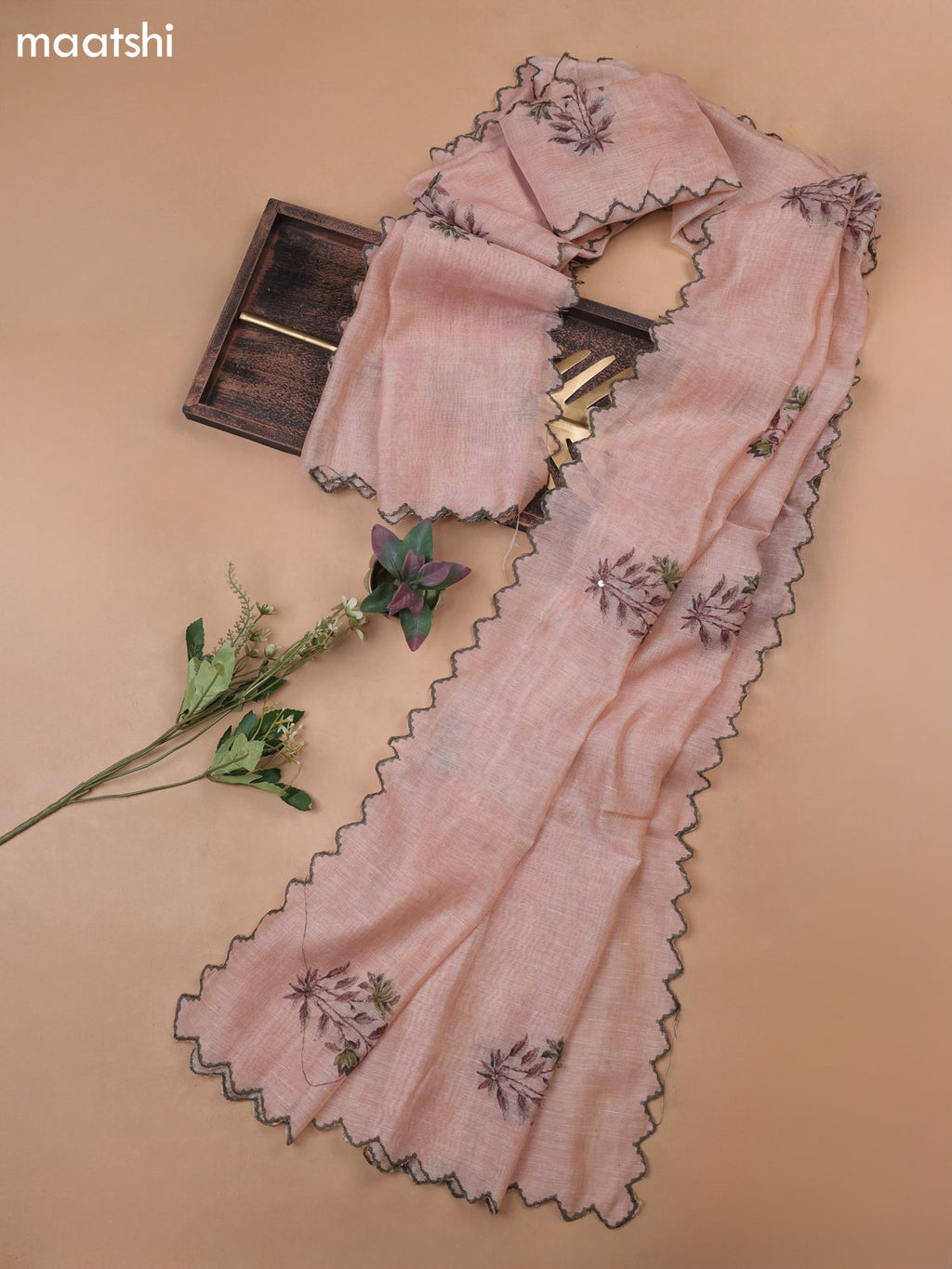 Peach Munga Cotton Dress Material With Allover Prints & Kantha Stitch Work Pattern