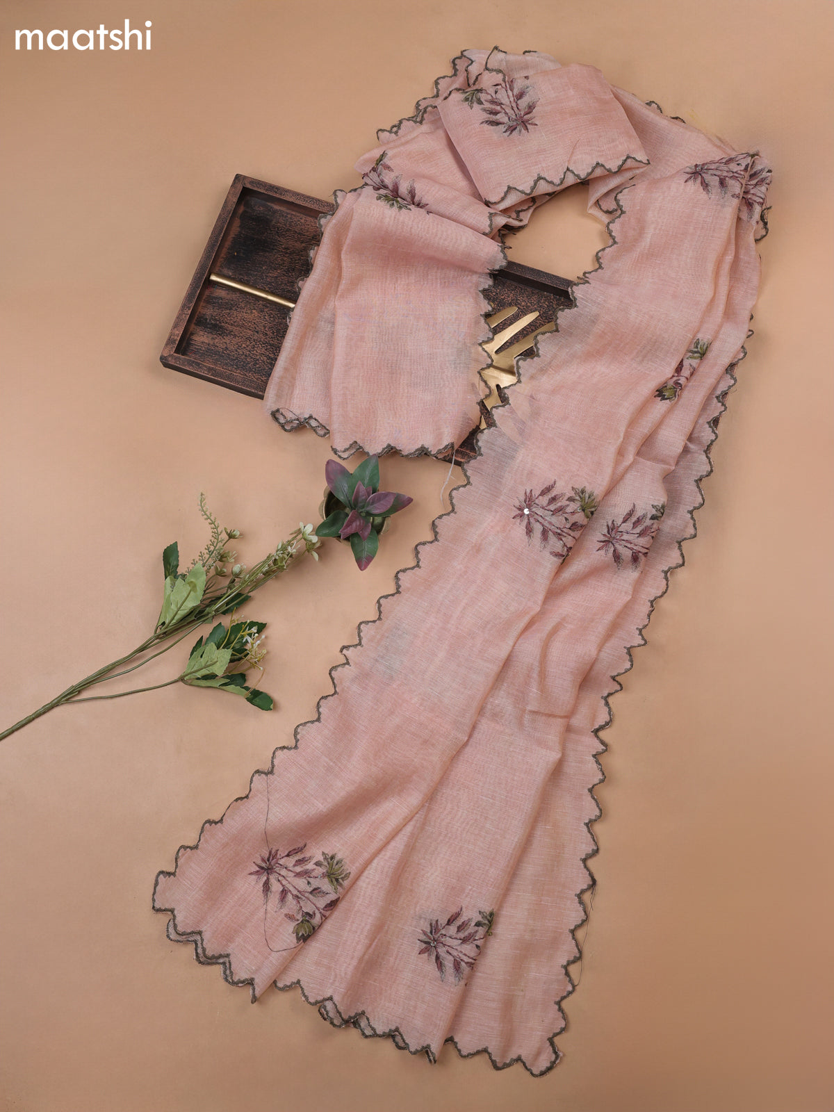 Peach Munga Cotton Dress Material With Allover Prints & Kantha Stitch Work Pattern