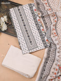Off White and Black Cotton Dress Material With Allover Prints & Kantha Stitch Work Neck Pattern