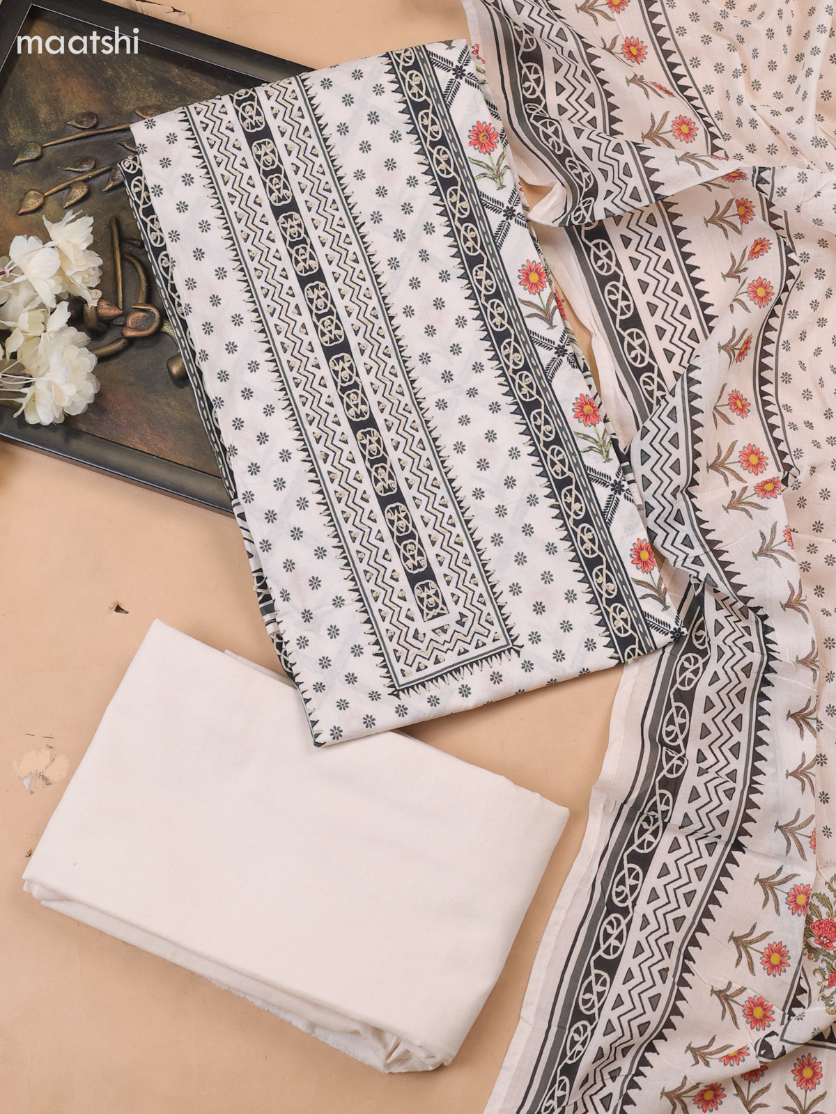 Off White and Black Cotton Dress Material With Allover Prints & Kantha Stitch Work Neck Pattern