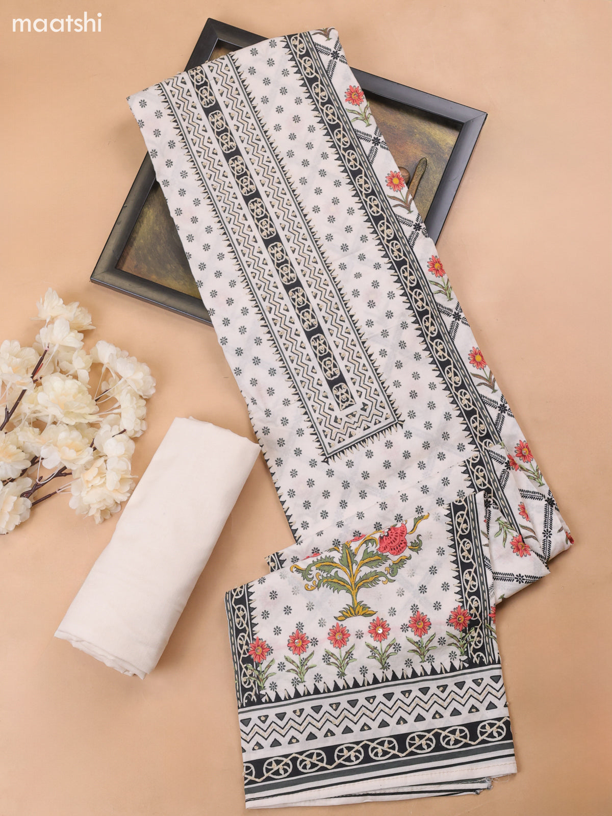 Off White and Black Cotton Dress Material With Allover Prints & Kantha Stitch Work Neck Pattern