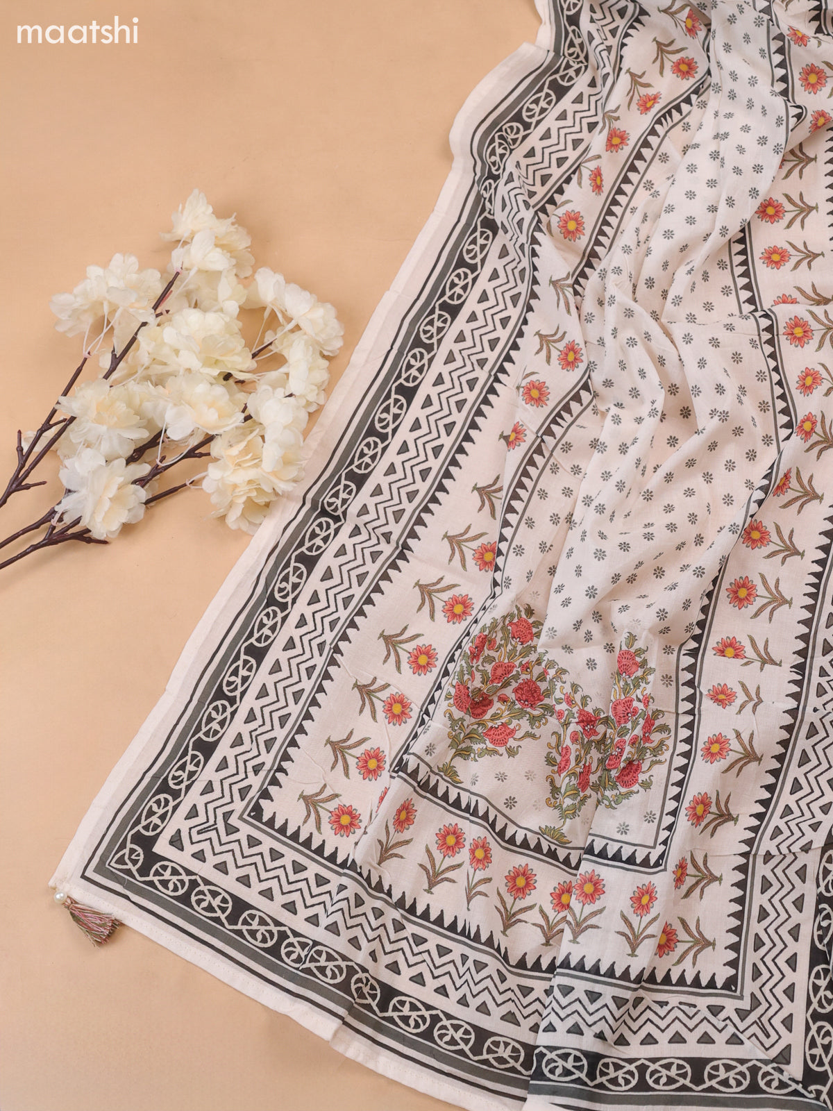 Off White and Black Cotton Dress Material With Allover Prints & Kantha Stitch Work Neck Pattern