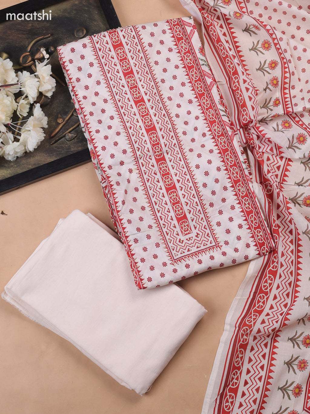 Off White and Red Cotton Dress Material With Allover Prints & Kantha Stitch Work Neck Pattern