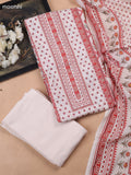 Off White and Red Cotton Dress Material With Allover Prints & Kantha Stitch Work Neck Pattern