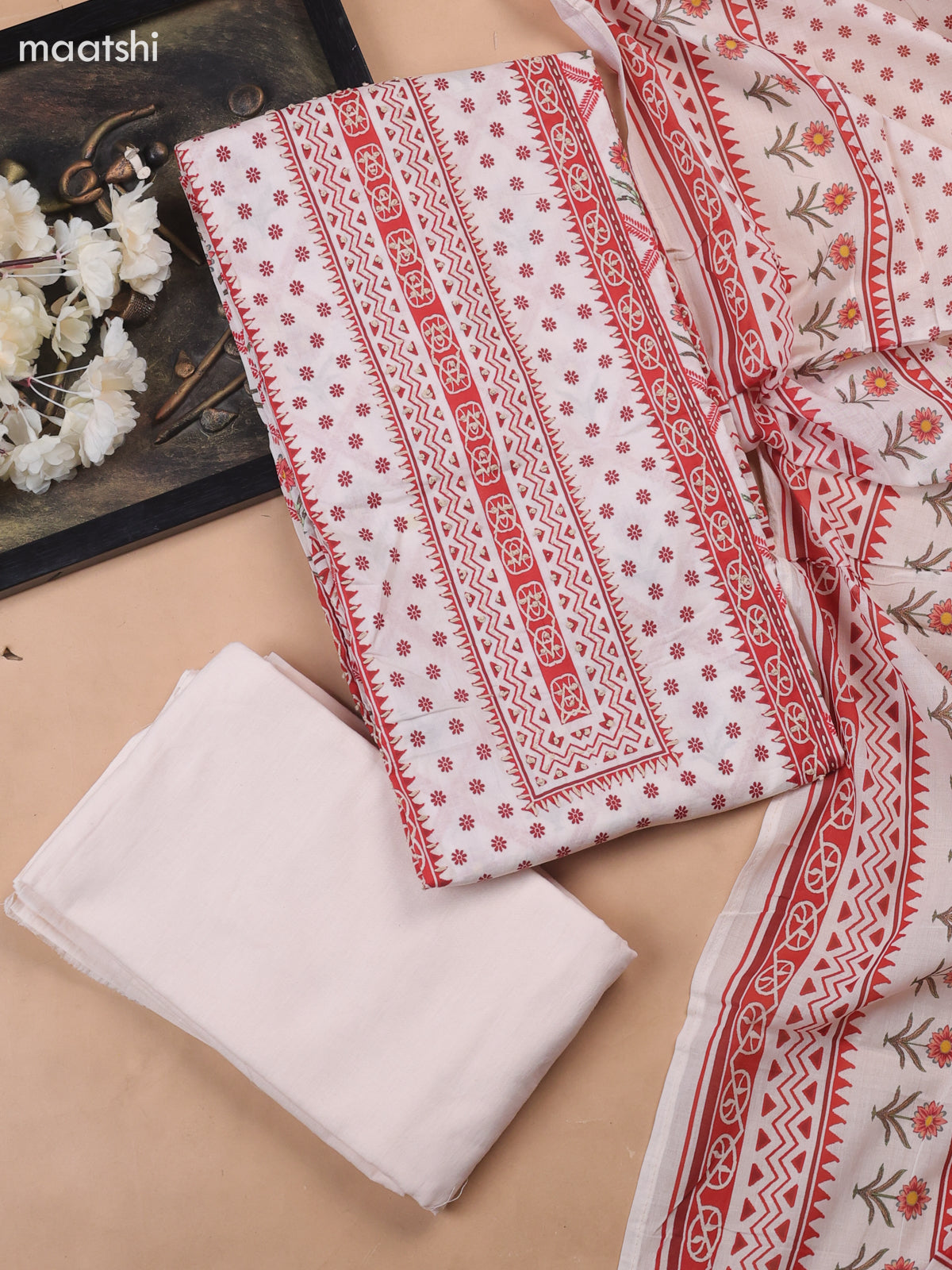 Off White and Red Cotton Dress Material With Allover Prints & Kantha Stitch Work Neck Pattern