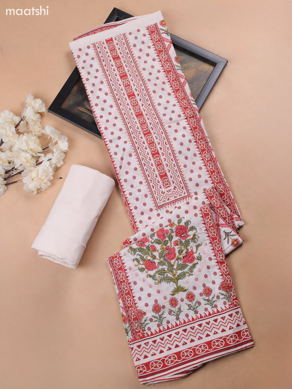 Off White and Red Cotton Dress Material With Allover Prints & Kantha Stitch Work Neck Pattern