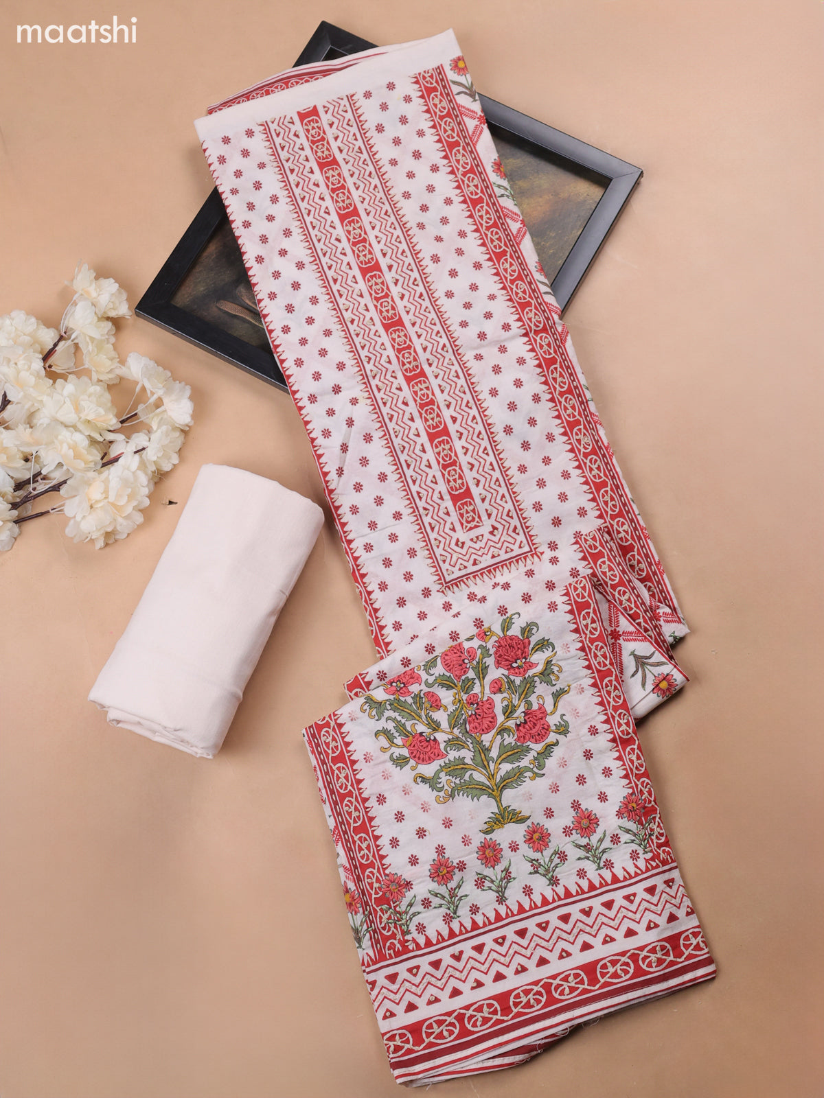 Off White and Red Cotton Dress Material With Allover Prints & Kantha Stitch Work Neck Pattern