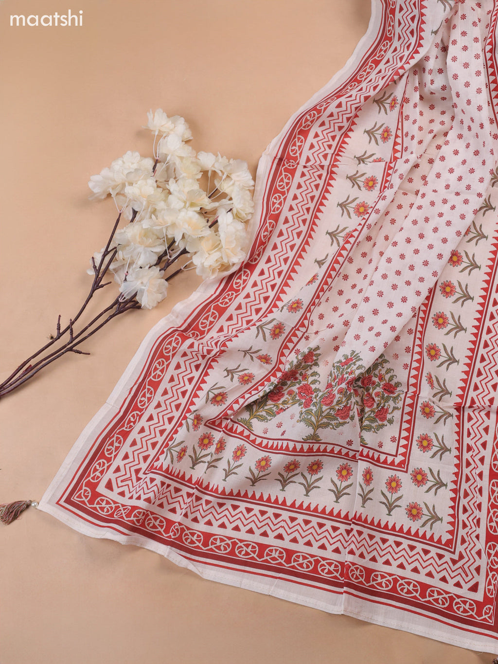 Off White and Red Cotton Dress Material With Allover Prints & Kantha Stitch Work Neck Pattern